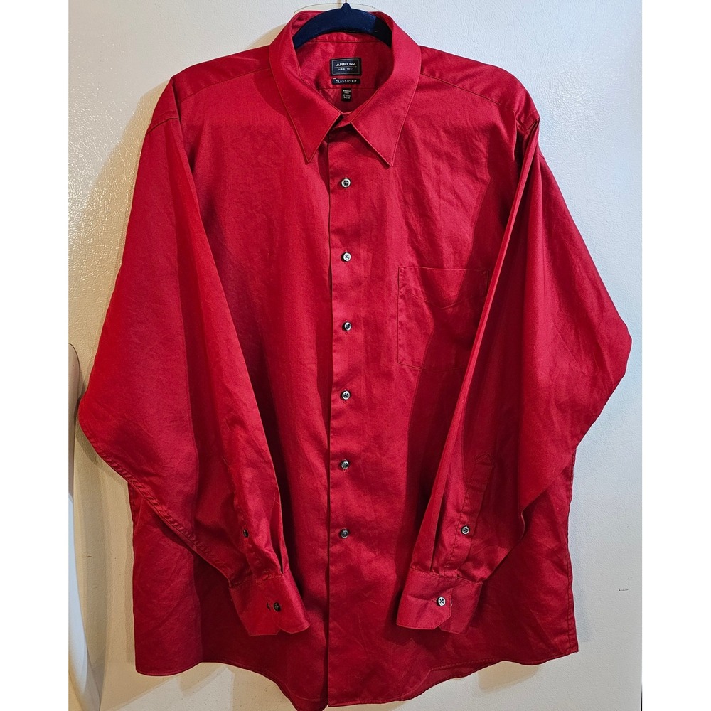 Arrow USA 1851 Mens Red Classic‎ Fit Wrinkle Free Dress Shirt 17-17.5 34-35 L XL